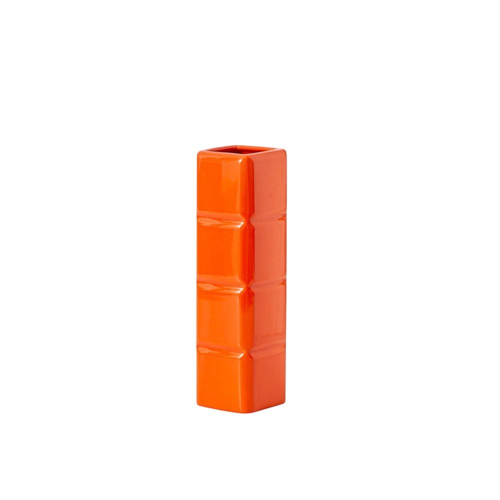 HOMELIVY orange ceramic Tetris-inspired block vase with a glossy finish for modern home decor.