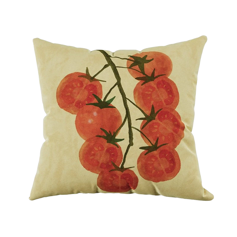 HOMELIVY square cushion cover featuring a watercolour tomato vine print on a soft beige fabric background.