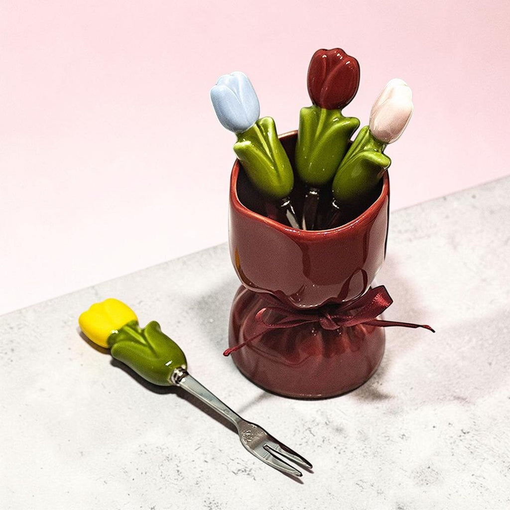 Red Tulip Bouquet Flower Fruit Fork Set