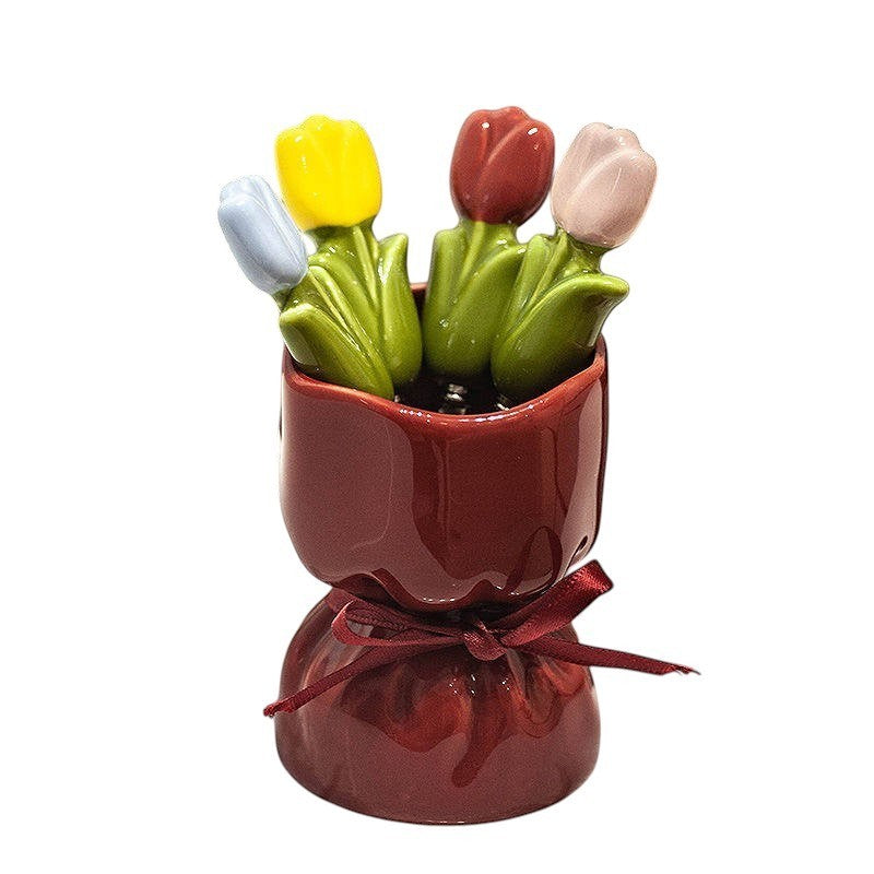 Red Bouquet Flower Fruit Fork Set