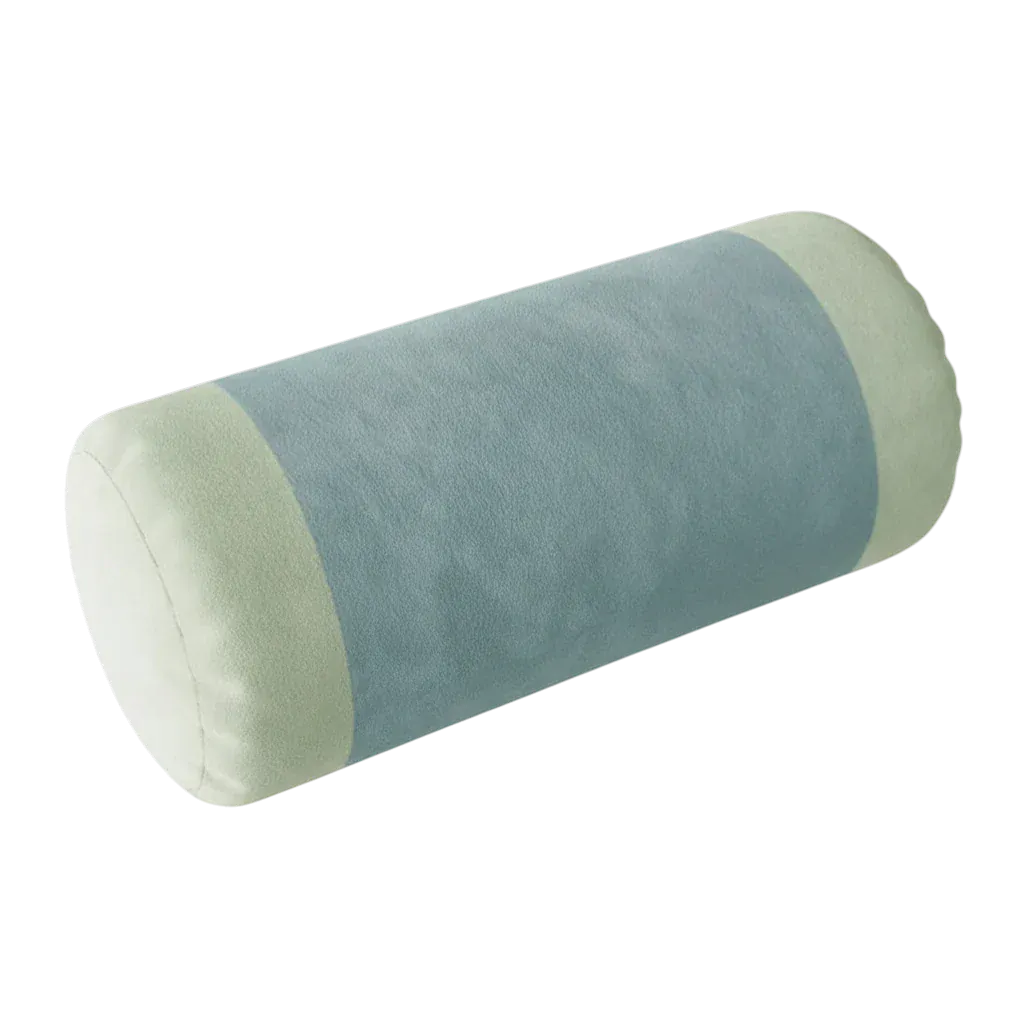 Velvet retro striped bolster pillow in light blue and cream with soft plush fabric finish for cozy support