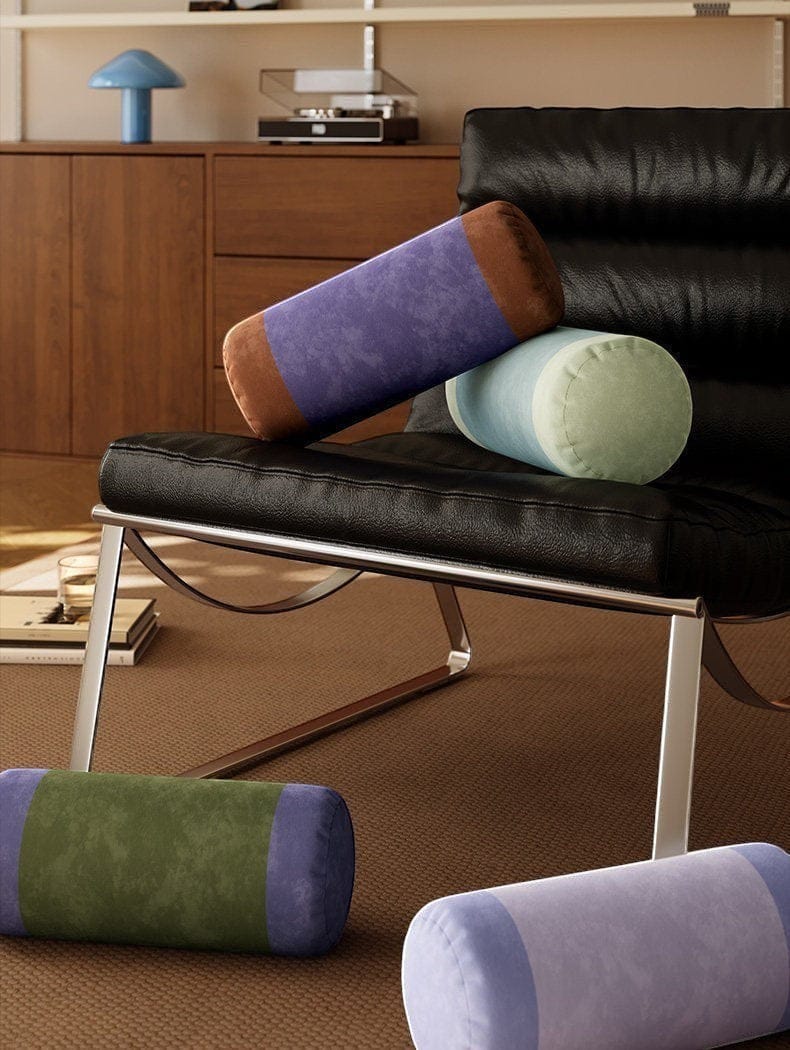 HOMELIVY velvet bolster pillow in purple and brown, sage green and blue, and lilac and blue. Soft plush velvet cylinder cushion for sofa or bed.