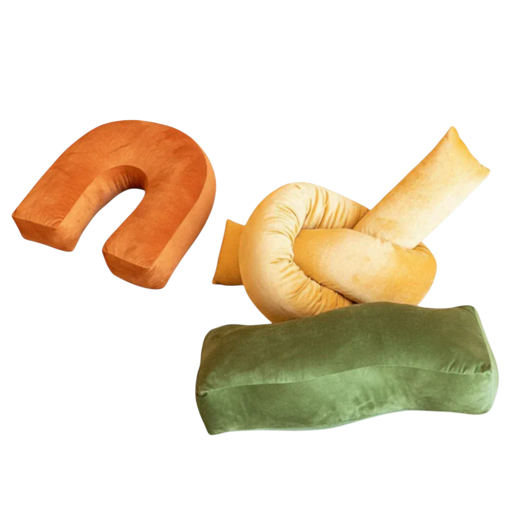 HOMELIVY set of 3 velvet cushions: burnt orange arch, gold knot, and olive bolster. Soft, sculptural.