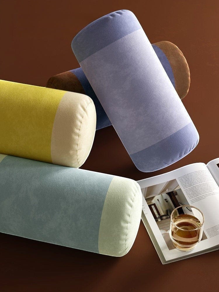 HOMELIVY velvet retro striped bolster pillow in sage green, dusty blue, and yellow with cream ends. Soft plush fabric, cylinder cushion.