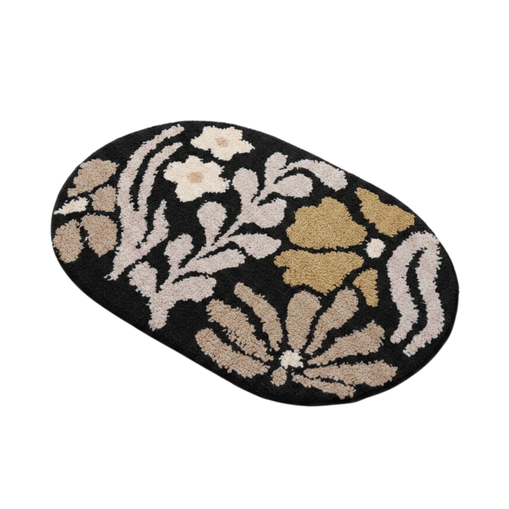 HOMELIVY Vintage Style Floral Bath Mat in black with beige, tan, and cream floral pattern. Oval shape.