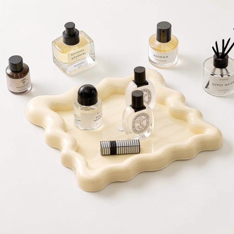 HOMELIVY cream wavy ceramic tray, 30cm square, perfect for vanity or tabletop display.