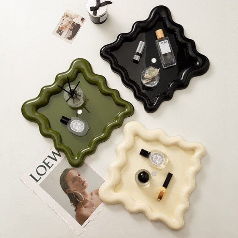 HOMELIVY wavy ceramic tray in cream, black, and olive green. Ideal for organizing jewelry, keys, or decor.