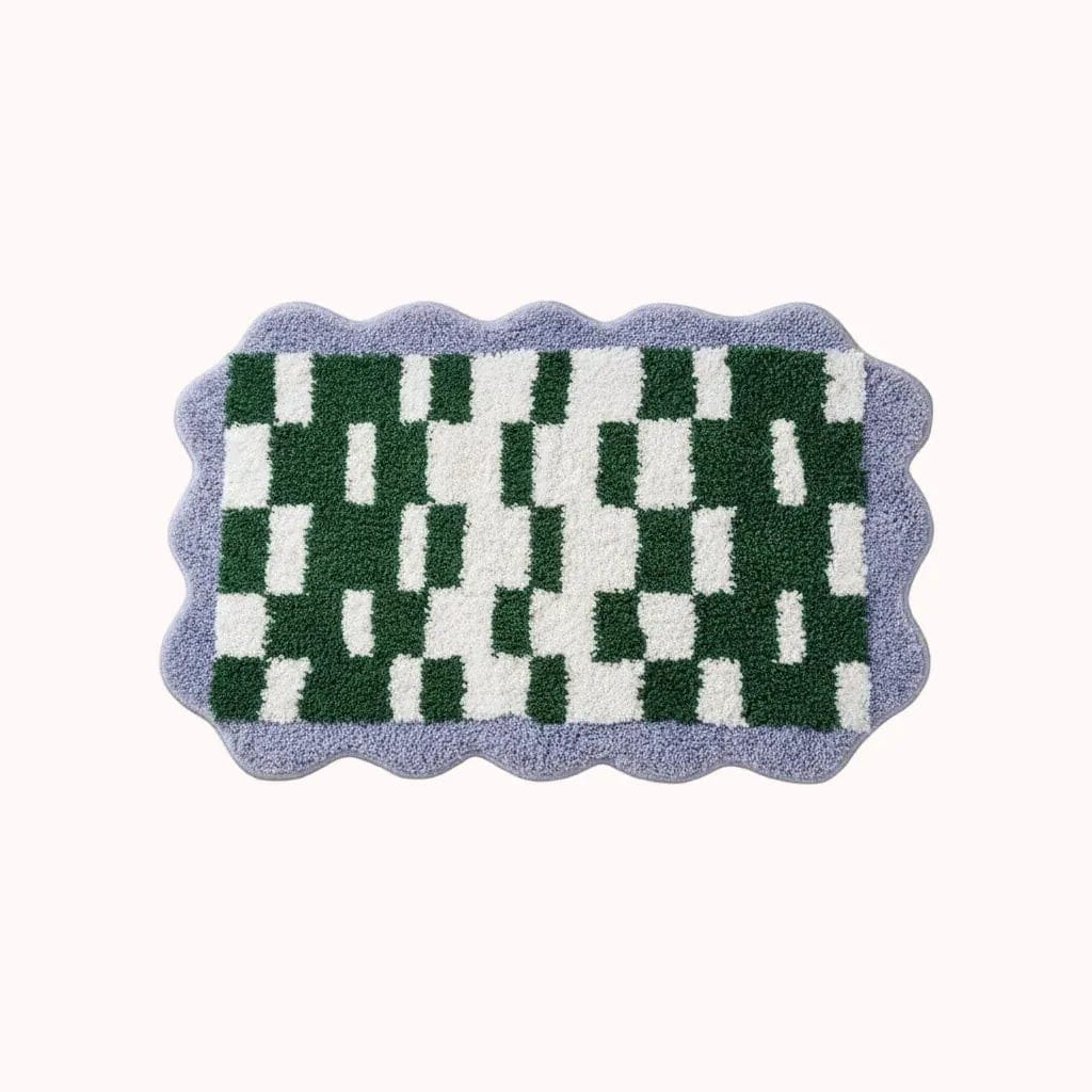 Purple Green Wavy Checkered Rug