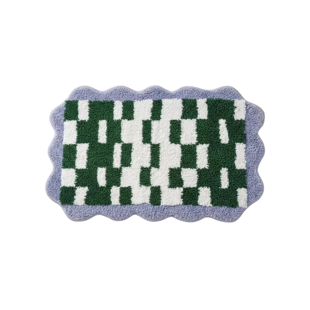 Purple Green Wavy Checkered Rug