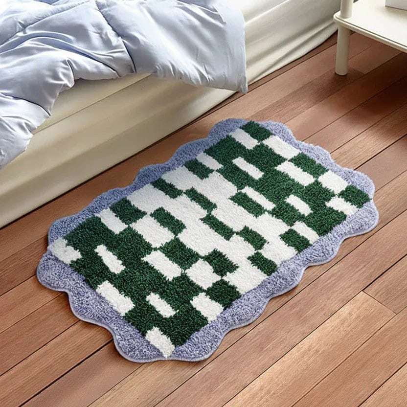 Purple Green Wavy Checkered Rug