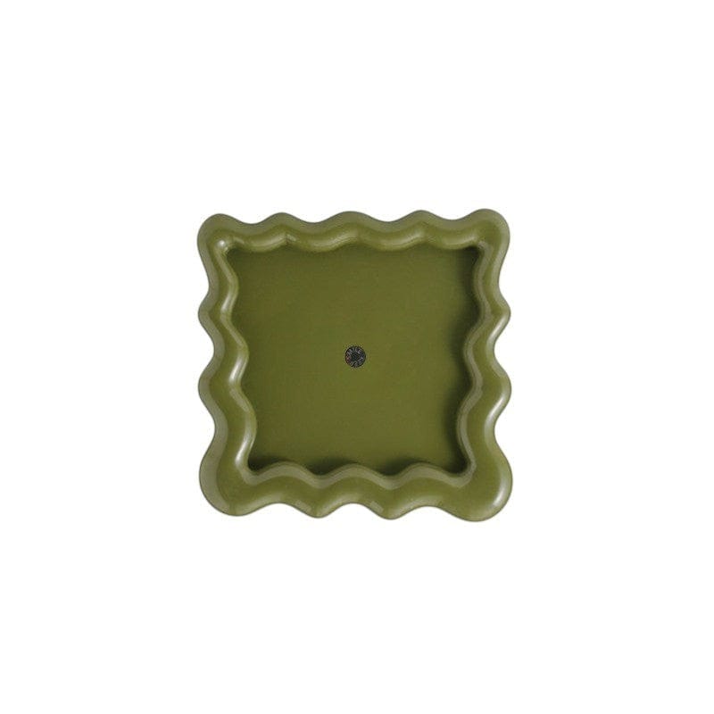HOMELIVY wavy green ceramic tray with rippled edges, perfect for organizing jewelry or decor.