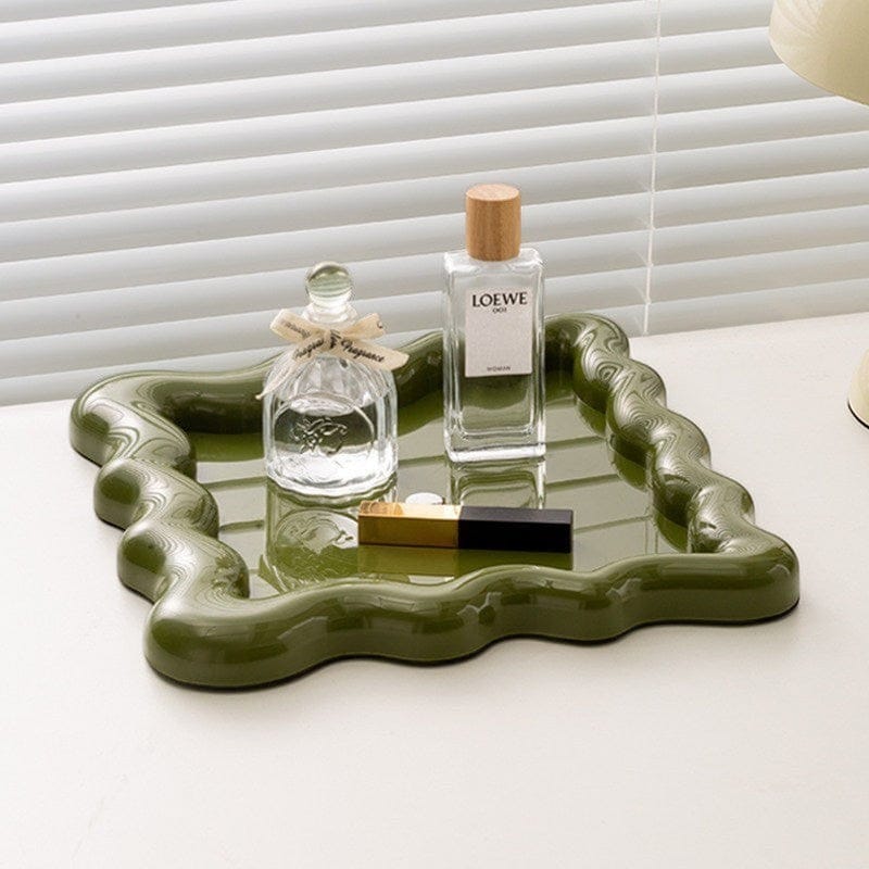 HOMELIVY wavy green ceramic tray with organic rippled design, perfect for organizing jewelry or displaying decor.