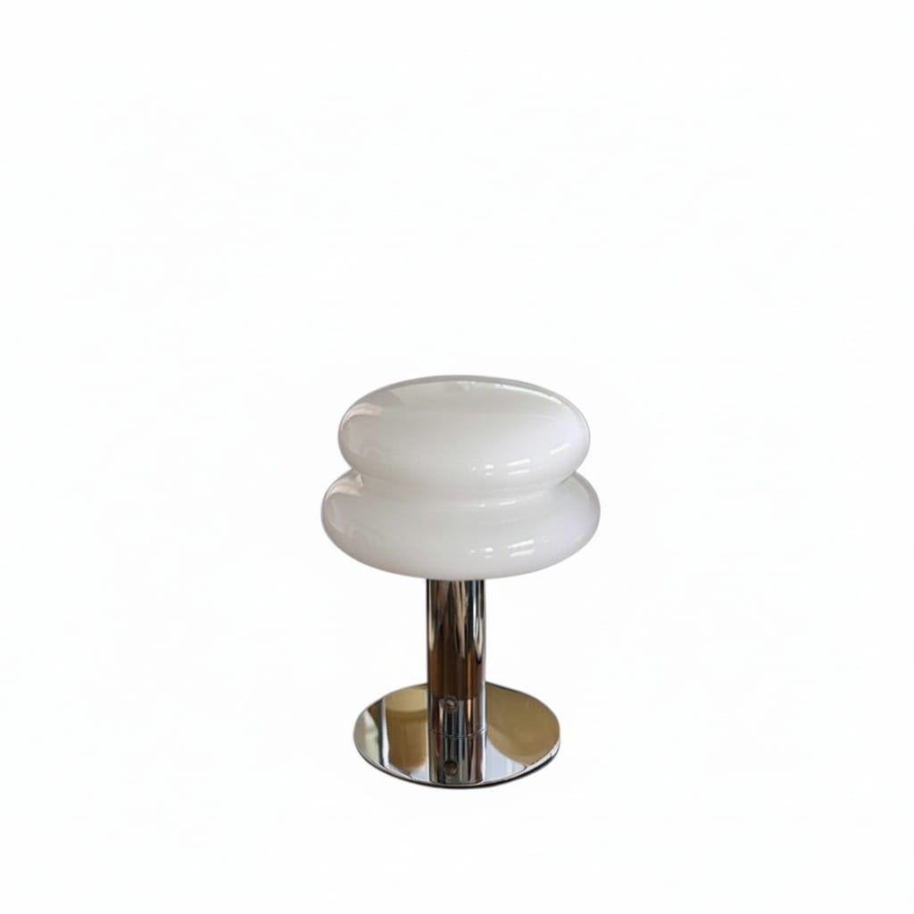HOMELIVY white double-bubble glass bedside lamp with chrome base, rechargeable and portable for bedroom atmosphere.