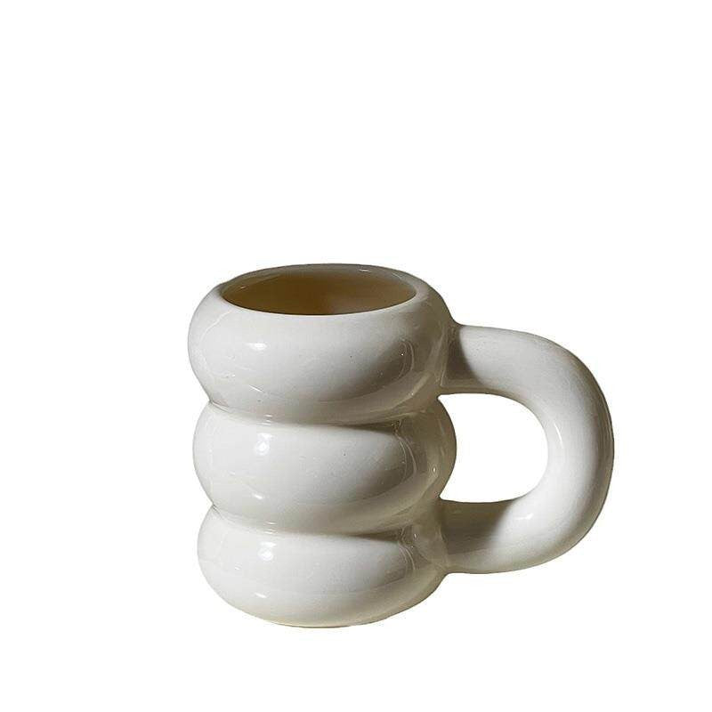 HOMELIVY white ceramic bubble coffee mug with sculptural stacked rings and oversized handle. 350ml capacity.