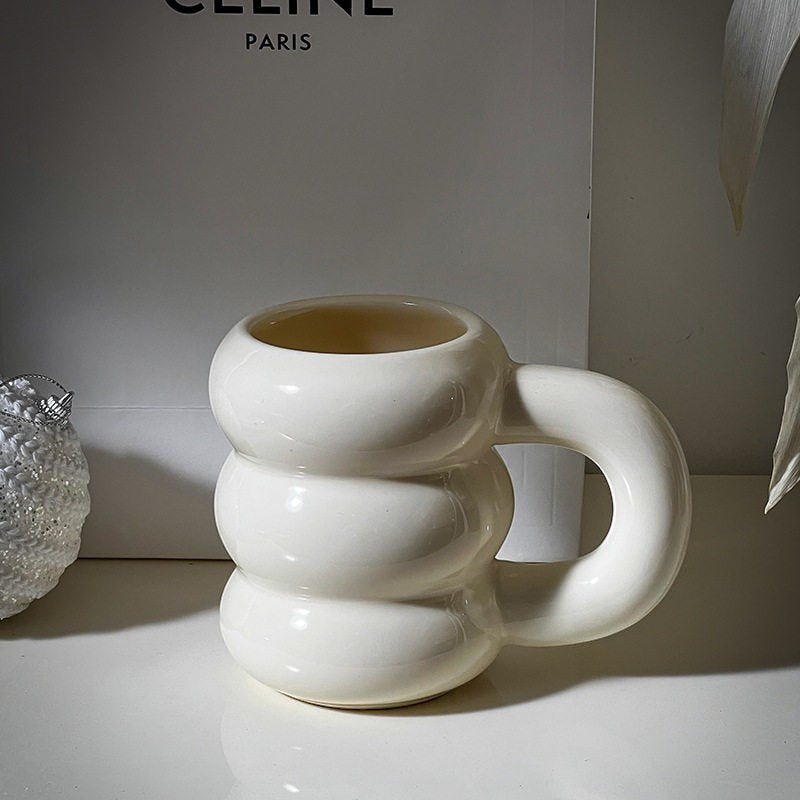HOMELIVY white ceramic bubble coffee mug with sculptural stacked rings and oversized handle. 350ml capacity.