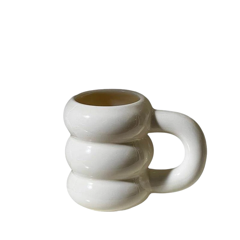 HOMELIVY white ceramic bubble coffee mug with sculptural stacked rings and oversized handle. 350ml capacity.