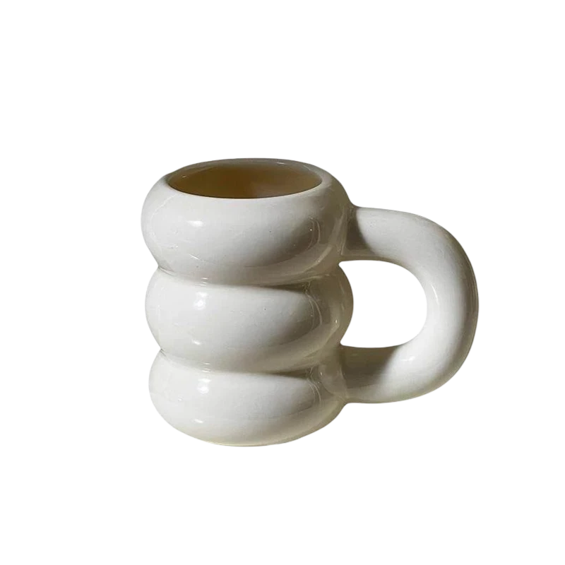 HOMELIVY white ceramic bubble coffee mug with sculptural stacked rings and oversized handle. 350ml capacity.