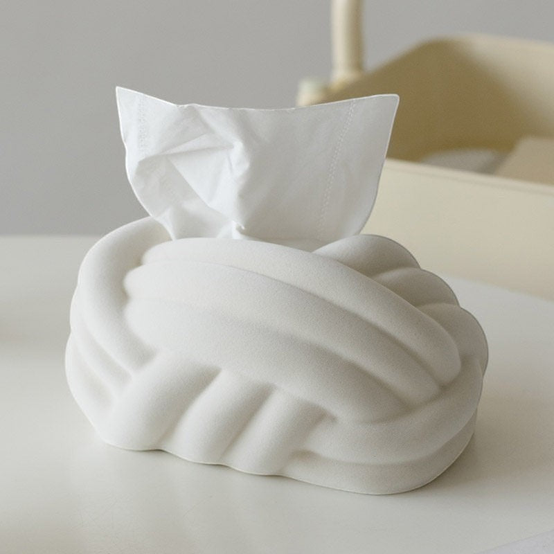 HOMELIVY cream white ceramic tissue box cover with sculptural knot design