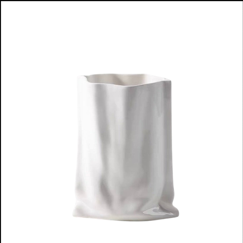 HOMELIVY white ceramic paper bag vase with a unique crinkled texture for modern home decor