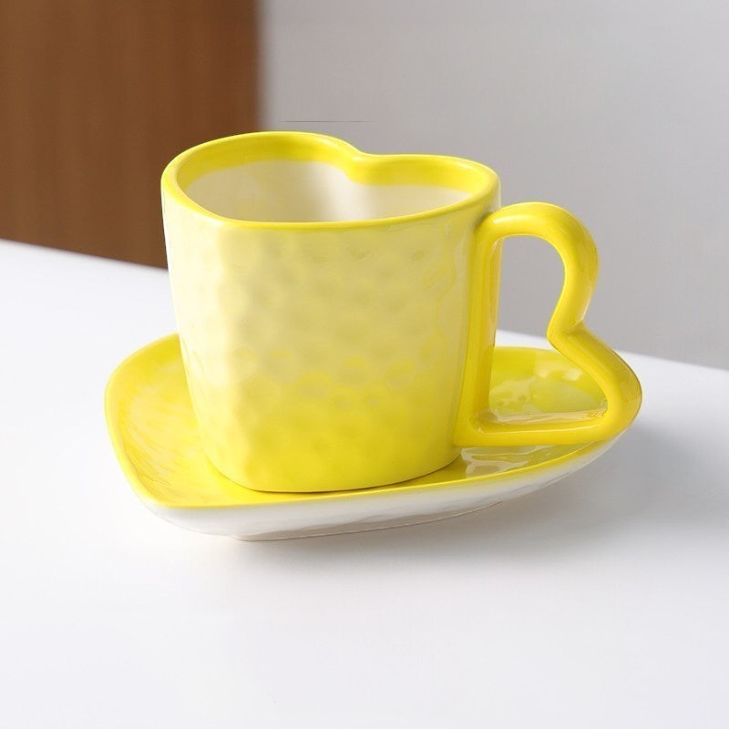 Yellow Heart Shaped Coffee Mug & Saucer Set