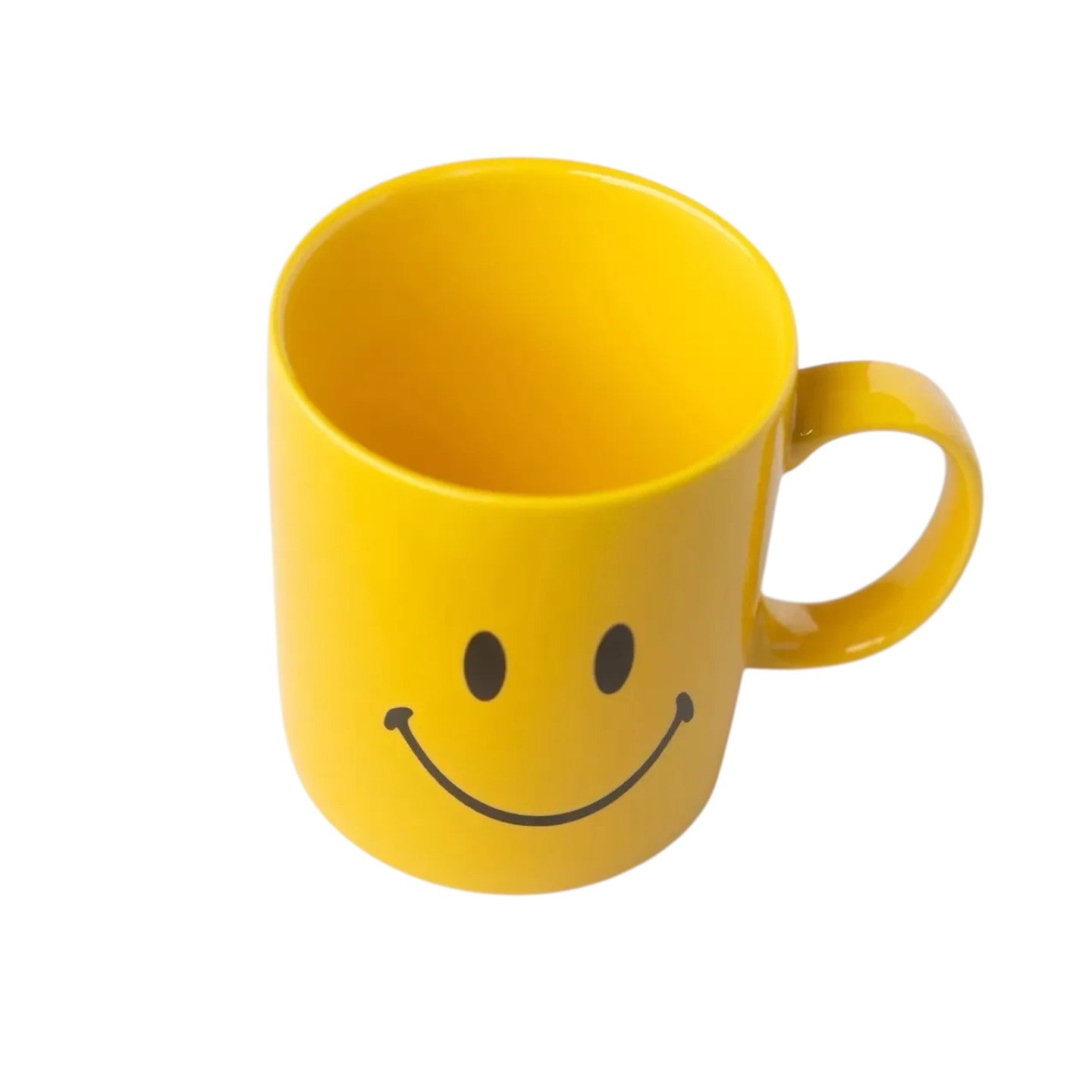 HOMELIVY yellow ceramic mug featuring a black smiley face design, 360ml capacity for coffee or tea.