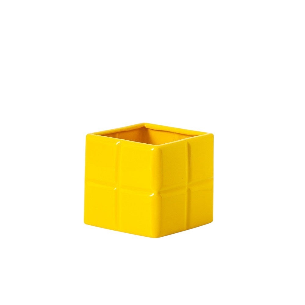 HOMELIVY yellow Tetris-inspired ceramic vase with a glossy finish, perfect for desk organization or home decor.