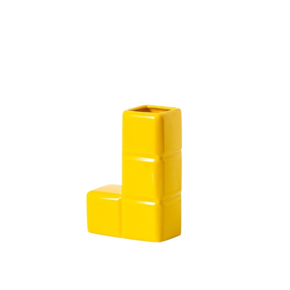 HOMELIVY yellow L-shaped Tetris ceramic vase with a glossy finish for modern home decor or desk organization.