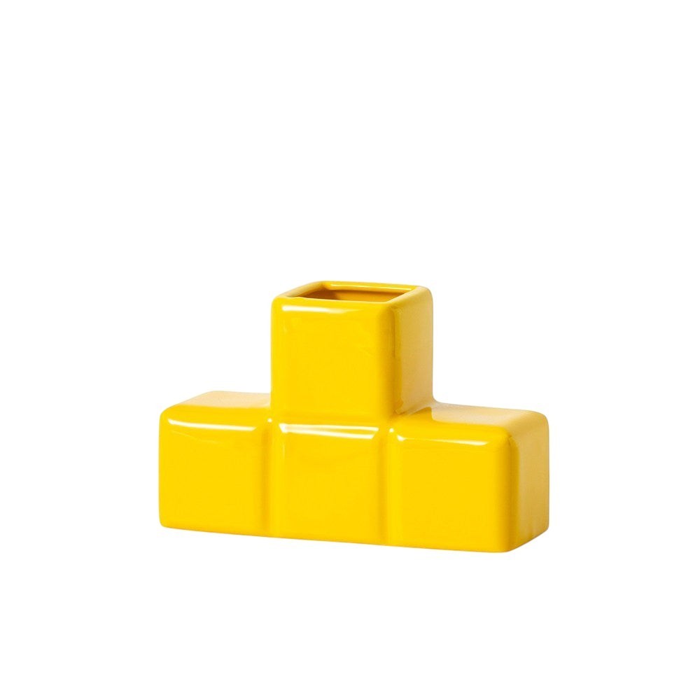 HOMELIVY yellow ceramic Tetris-inspired block vase with a glossy finish for modern home decor.