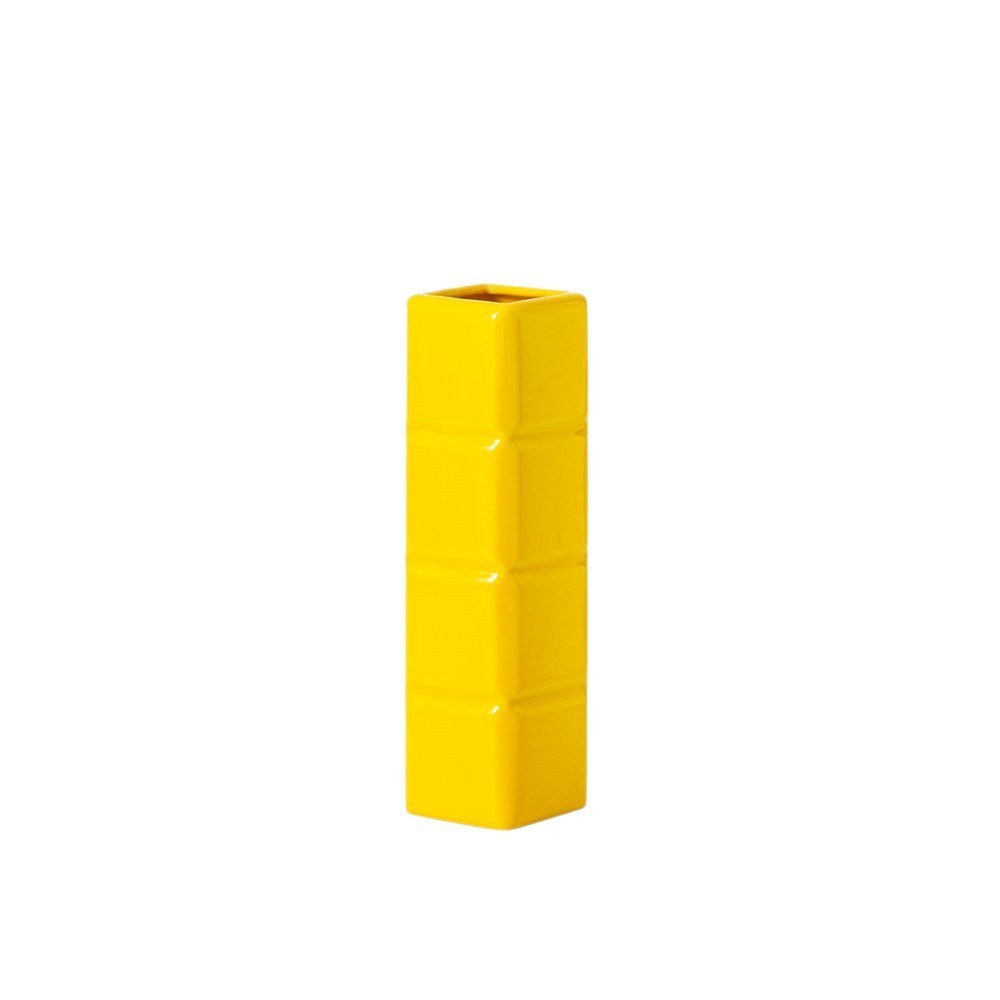 HOMELIVY yellow Tetris-inspired ceramic vase with a glossy finish, shaped like a long vertical game block.