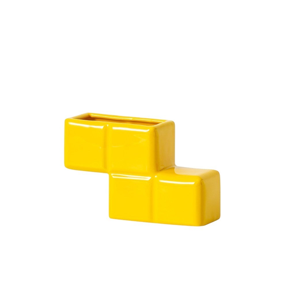 HOMELIVY yellow ceramic Tetris-inspired decorative vase with a glossy finish for flowers or desk organization.