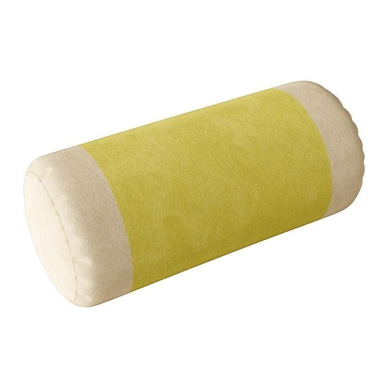 Velvet retro striped bolster pillow with soft cylindrical shape, vibrant yellow center, cream ends, and plush fabric upholstery