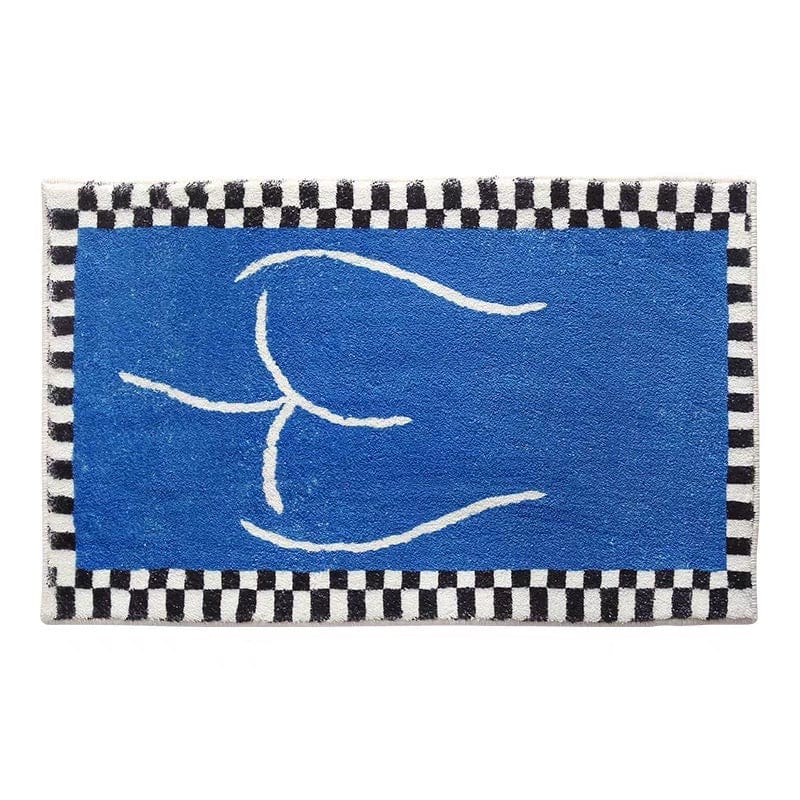 Blue booty bath mat rug with a white abstract figure line drawing and a black and white checkered border