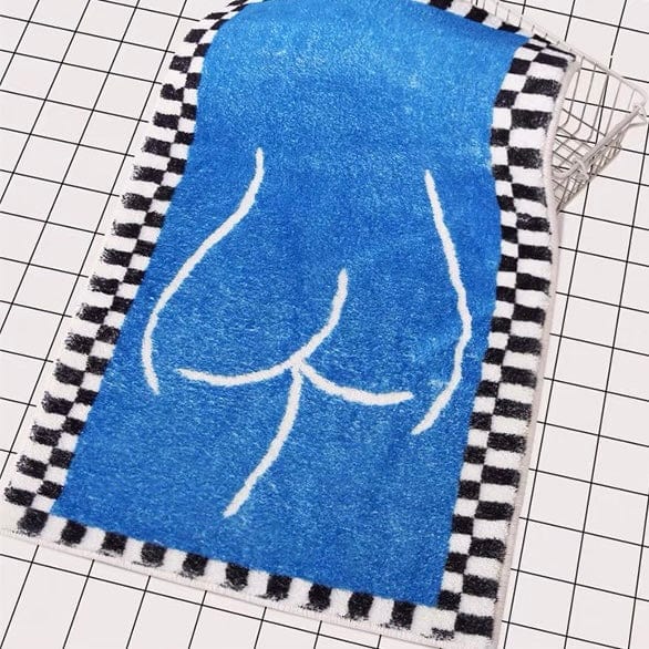 Blue booty bath mat rug featuring a blue base with white buttocks outline and black-and-white checkered border