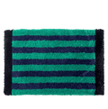 Green retro striped bath mat with teal and navy blue plush textured surface for bathroom use