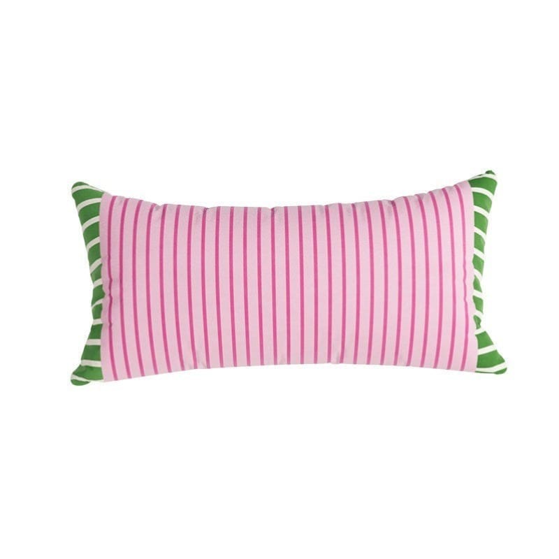 HOMELIVY pink lumbar pillow with vertical hot pink stripes and green striped sides.