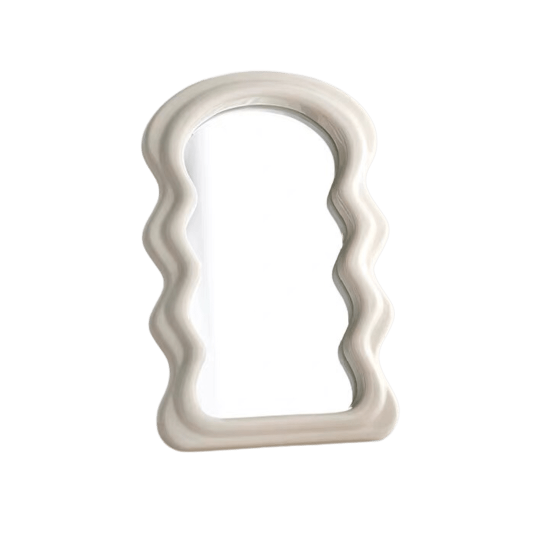 Table squiggly mirror with a white wavy-edged frame and smooth glossy finish perfect for tabletop display