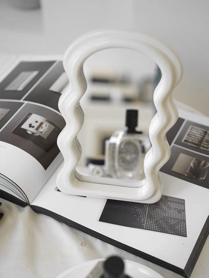 White wavy-edged decorative table squiggly mirror with glossy finish ideal for stylish home decor