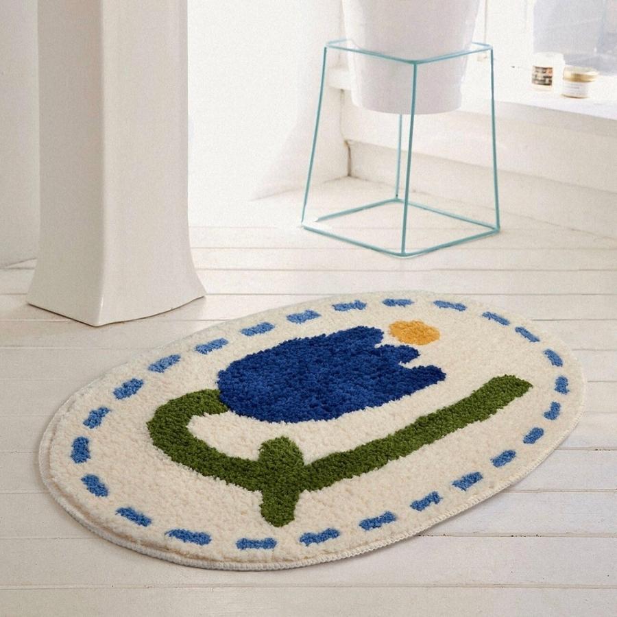 Cute Blue Tulip Floral Bath Mat Rug