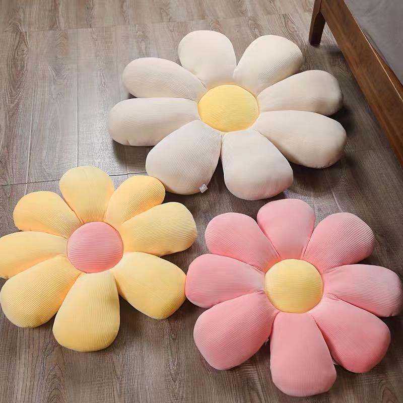Pastel flower cushion set of three plush corduroy floor cushions in cream yellow and pink flower shape