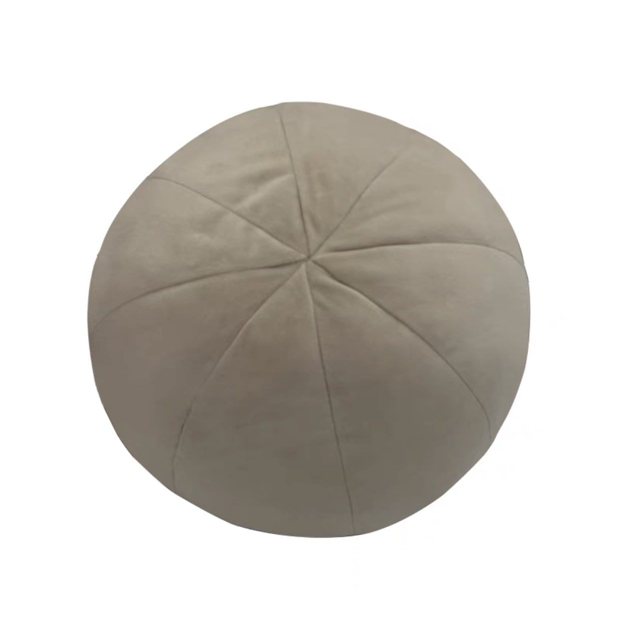 Beige suede round pouf with stitched radial seams shaped plush cushion for comfortable seating or decor