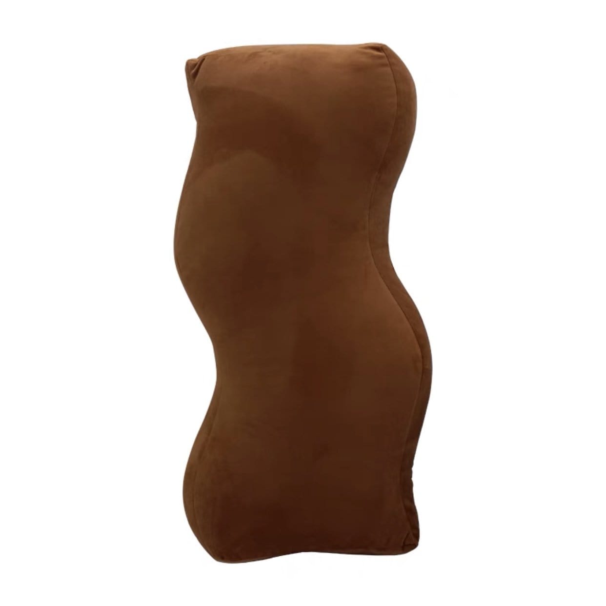 Brown suede lumbar support pillow with contoured ergonomic shape for comfortable back support shaped plush cushion