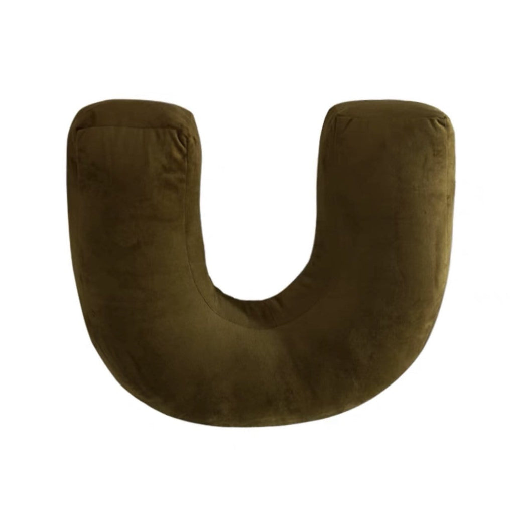 Olive green u-shaped travel neck pillow made of plush soft fabric from the shaped plush cushion collection