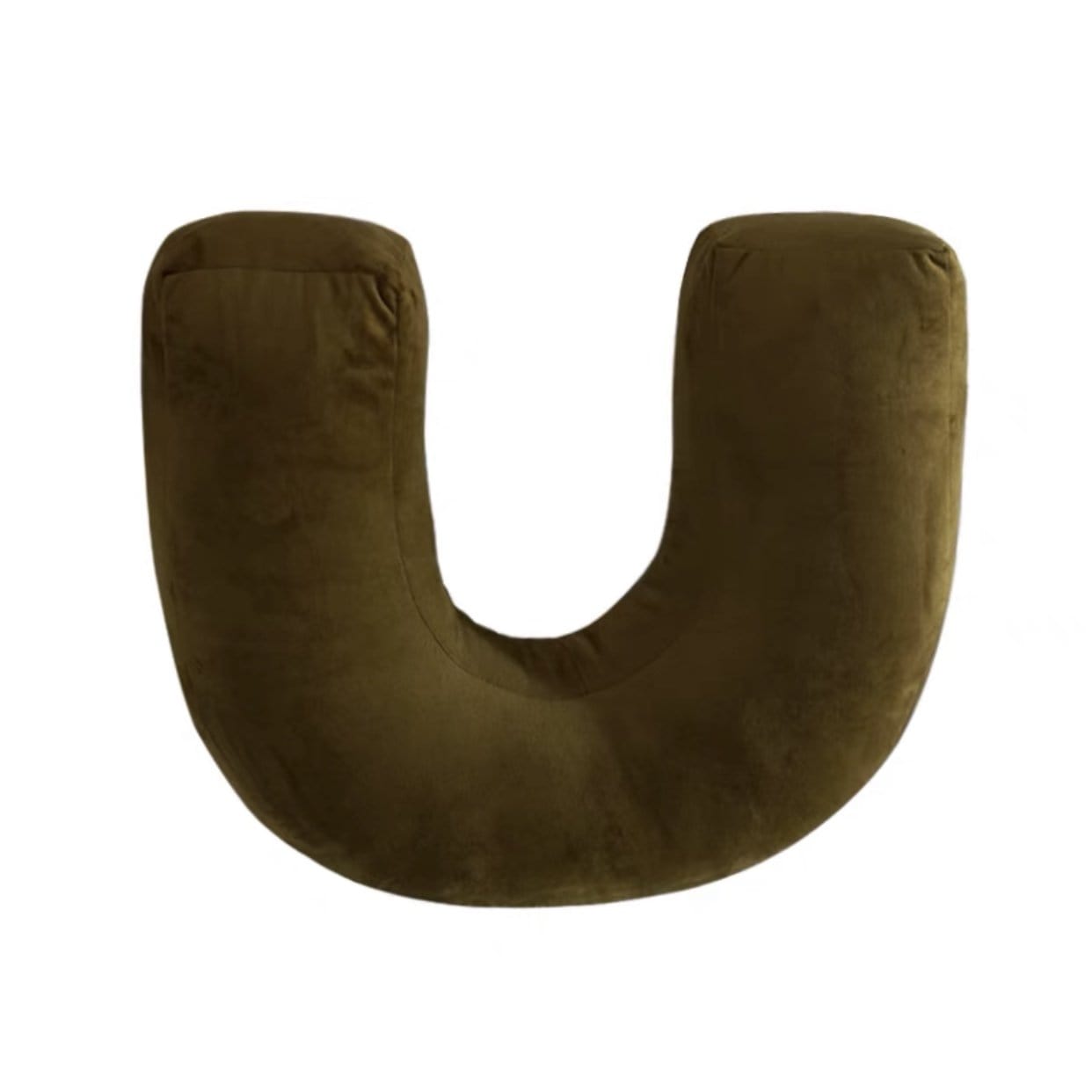 Olive green u-shaped travel neck pillow made of plush soft fabric from the shaped plush cushion collection