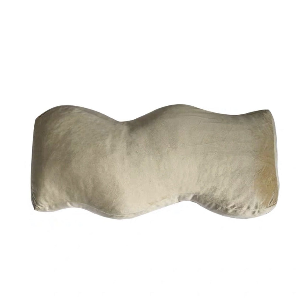 Beige velvet shaped plush cushion with wavy ergonomic contour neck pillow design for comfort and support