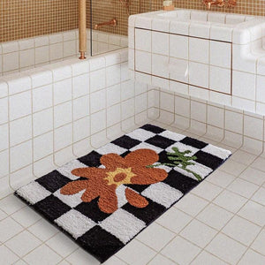 orange flower checkered bathroom mat rug