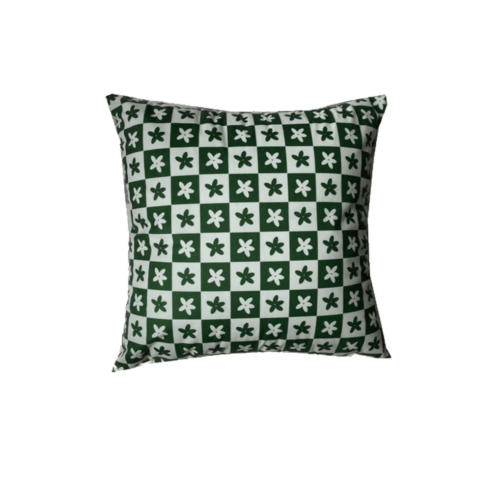 Square throw pillow case with green and white checkered pattern featuring small stylized floral motifs