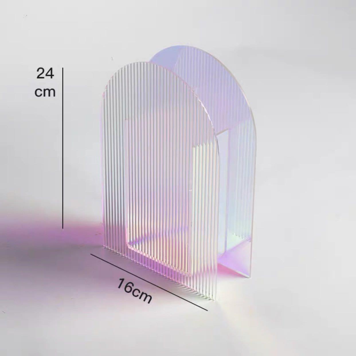 Iridescent arch flower vase made of translucent acrylic with vertical ridges and a soft pastel gradient finish