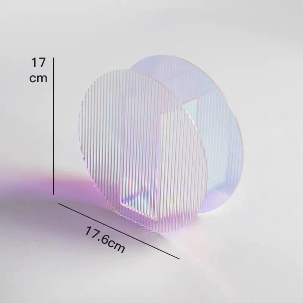 Iridescent arch flower vase with a translucent purple heart-shaped design featuring vertical ridges