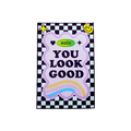 Smile you look good rug with pastel purple cloud shape and rainbow gradient text on black and white checkered background