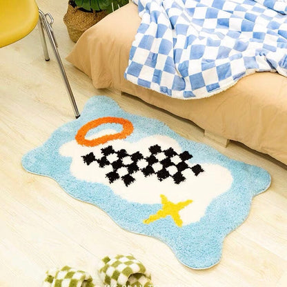 Checkered Blue Wavy Funky Bath Mat Rug